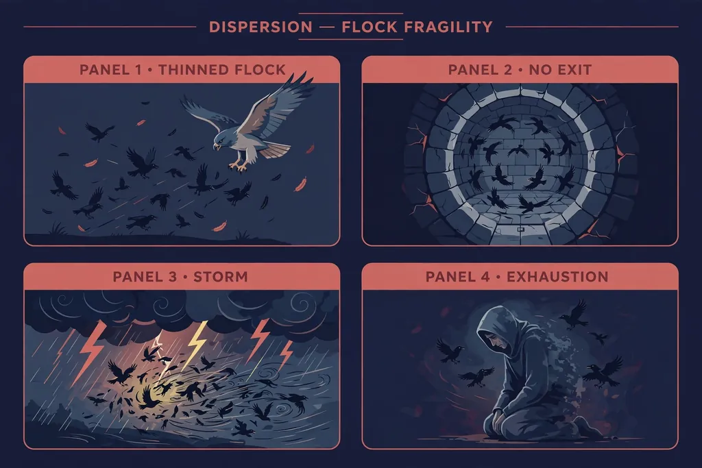 Infographic: limits of avian teleportation, thinned flock, no exit, storms, exhaustion