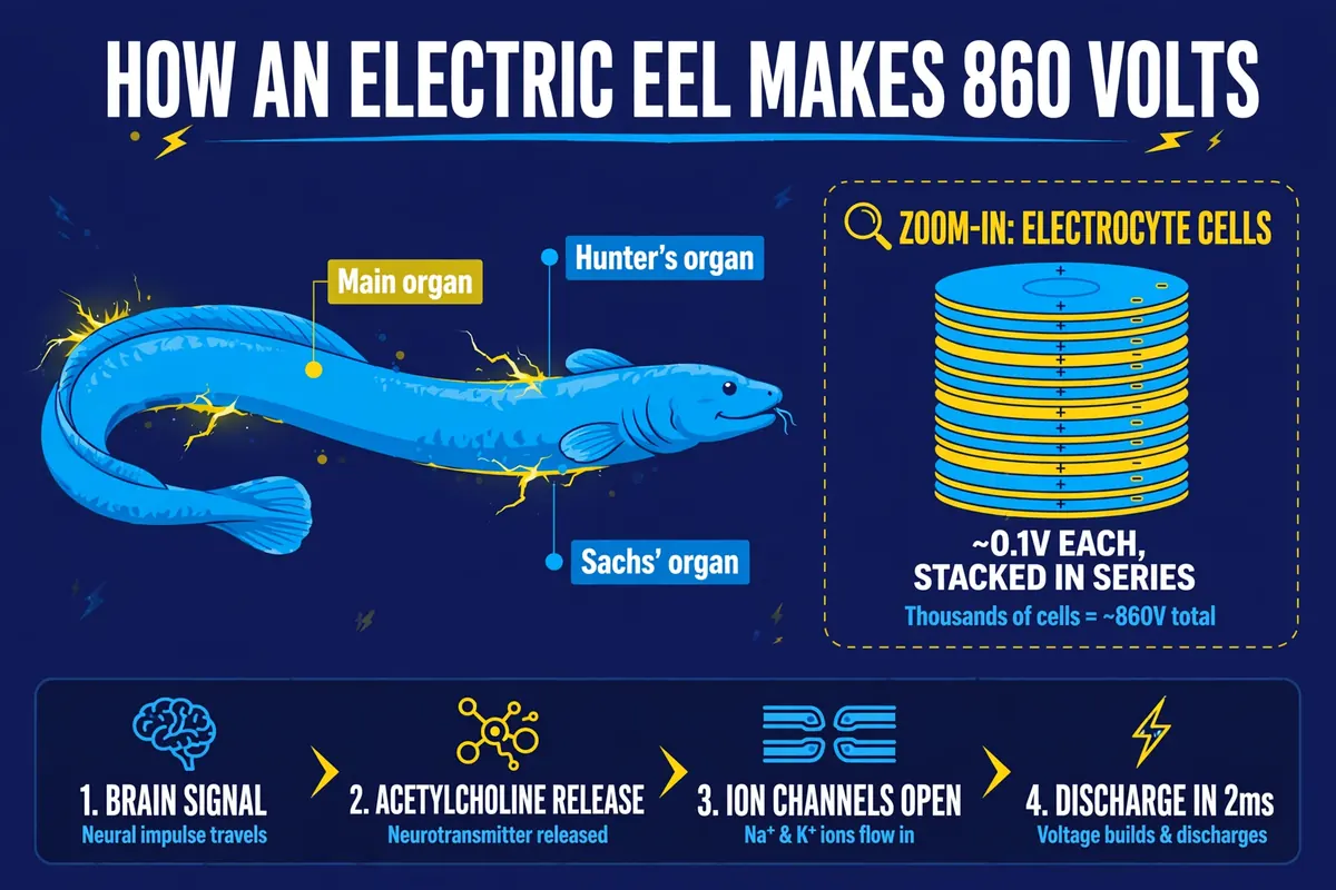 Infographic showing an electric eel's three electric organs and stacked electrocyte cells producing up to 860 volts