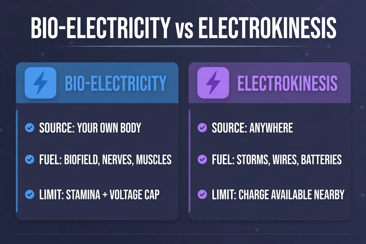 Comparison infographic showing bio-electricity draws power from the user's own body while electrokinesis can draw electric charge from anywhere
