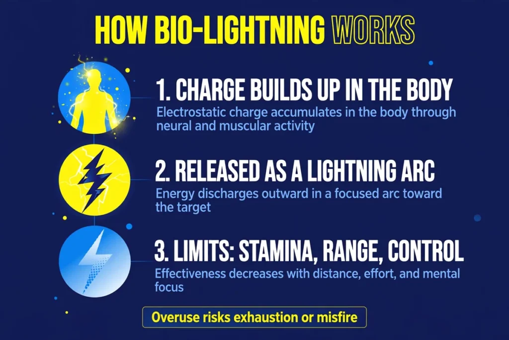 Infographic explaining how bio-lightning works — charge builds up in the body, releases as a lightning arc, limited by stamina, range and control