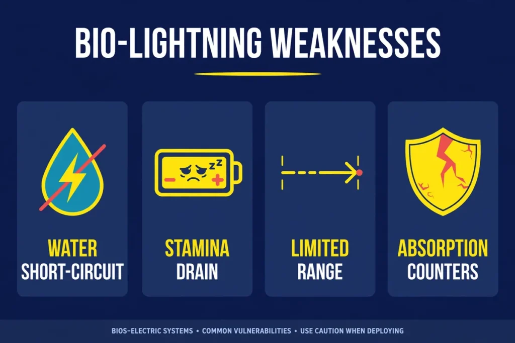 Infographic of bio-lightning weaknesses — water short-circuit, stamina drain, limited range, absorption counters