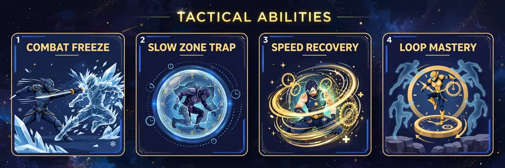 Infographic: combat freeze, slow-zone trap, speed recovery, loop mastery