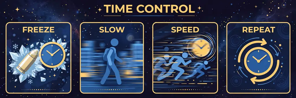 Infographic: the four moves of chrono-distortion, freeze, slow, speed, repeat