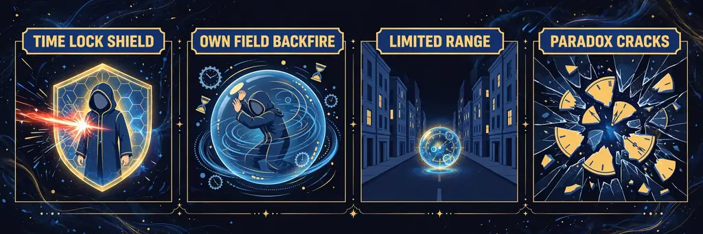 Infographic: limits of chrono-distortion, time lock shield, own-field backfire, limited range, paradox cracks
