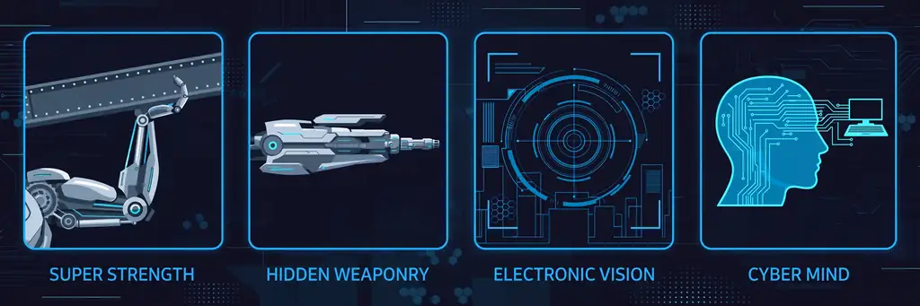 Infographic: super strength, hidden weaponry, electronic vision, and cyber mind