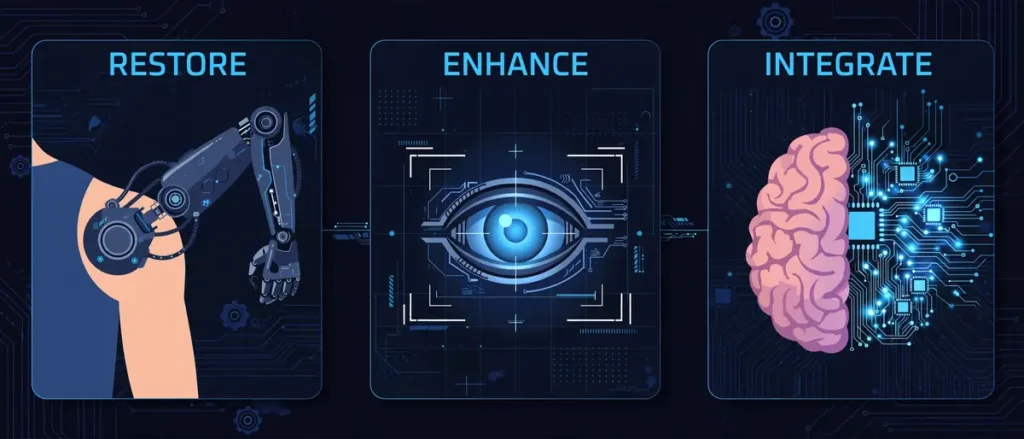 Infographic: the three moves of cyborg enhance, restore, enhance, integrate