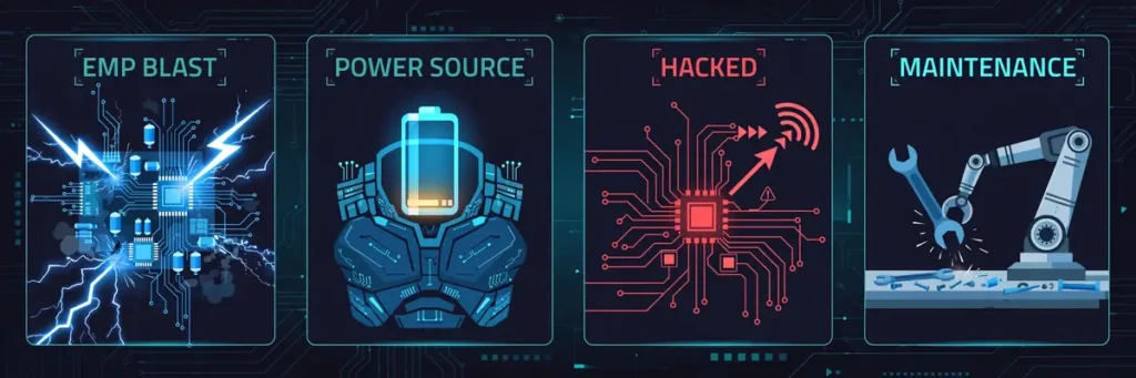 Infographic: limits of cyborg enhance, EMP blast, power source, hacked, maintenance