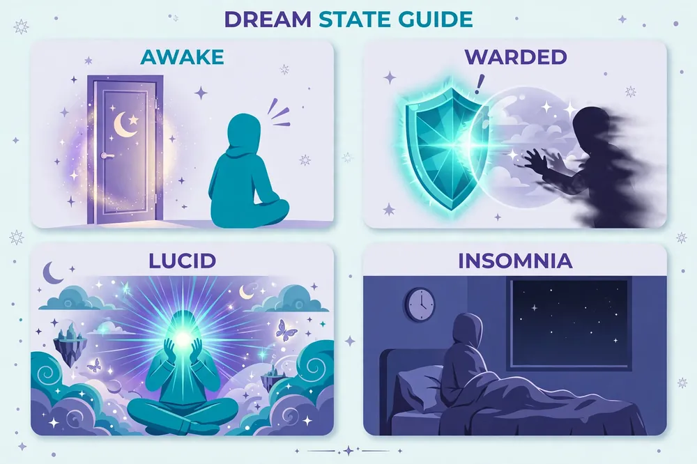 Infographic: limits of dream manipulation, awake targets, wards, lucid dreamers, insomnia