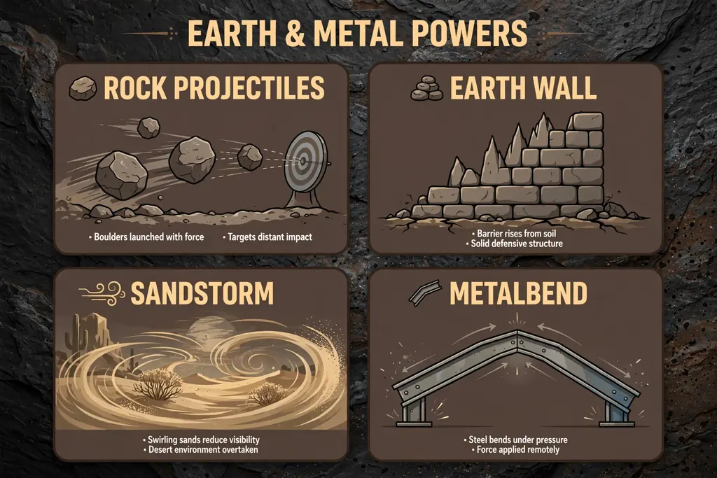 Infographic: rock projectiles, earth wall, sandstorm, and metalbend