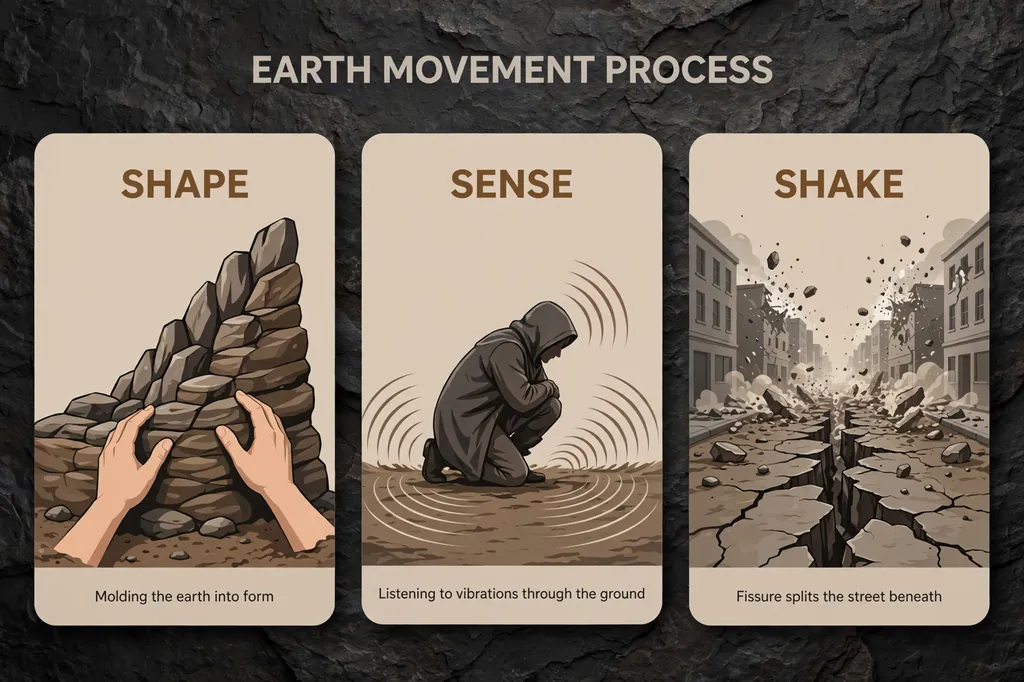 Infographic: the three moves of earth manipulation, shape, sense, shake