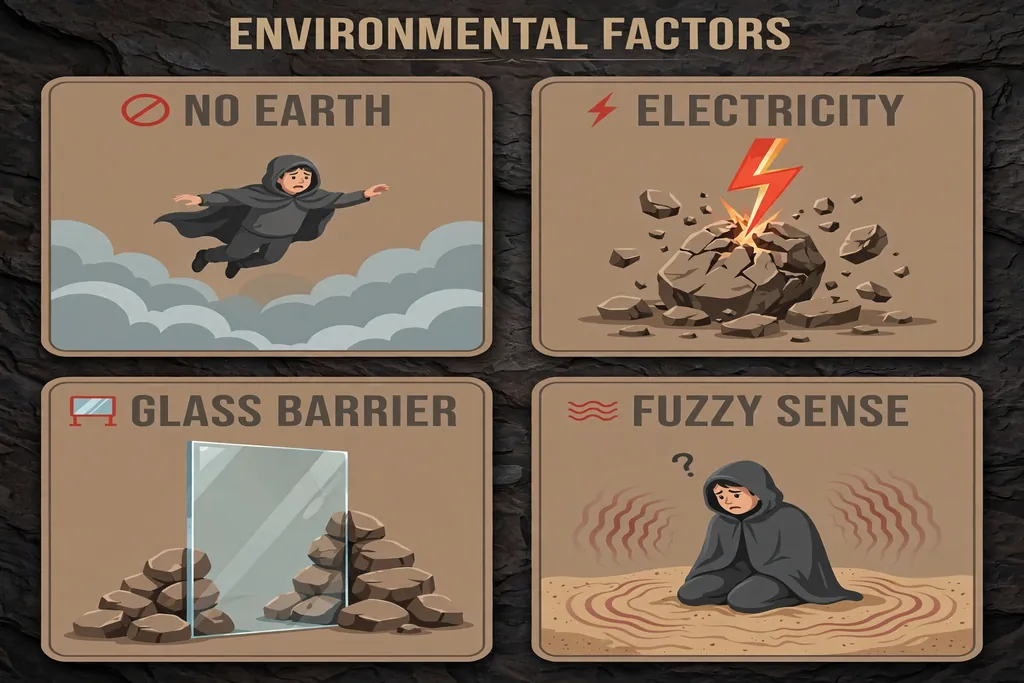 Infographic: limits of earth manipulation, no earth, electricity, glass barrier, fuzzy sense