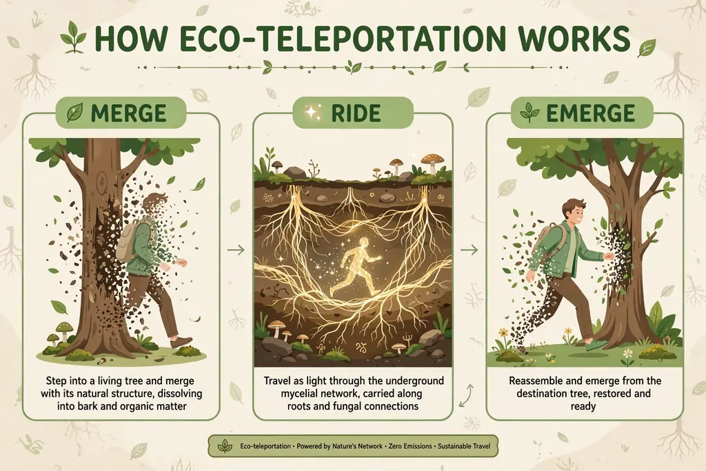 Infographic: the three moves of eco-teleportation, merge, ride, emerge