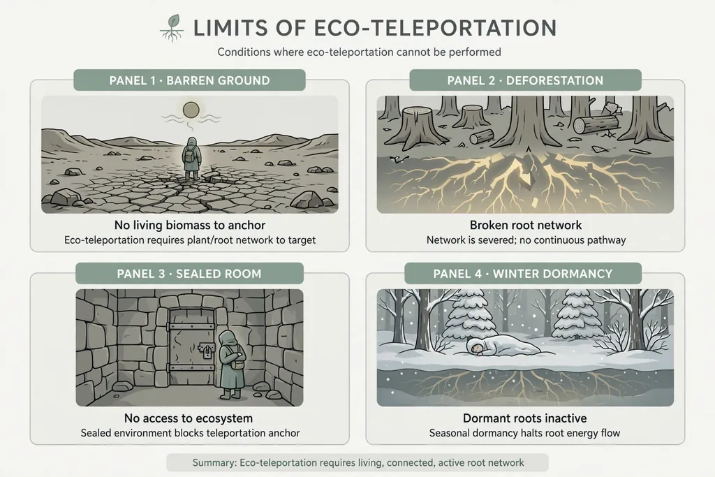 Infographic: limits of eco-teleportation, barren ground, deforestation, sealed rooms, winter dormancy