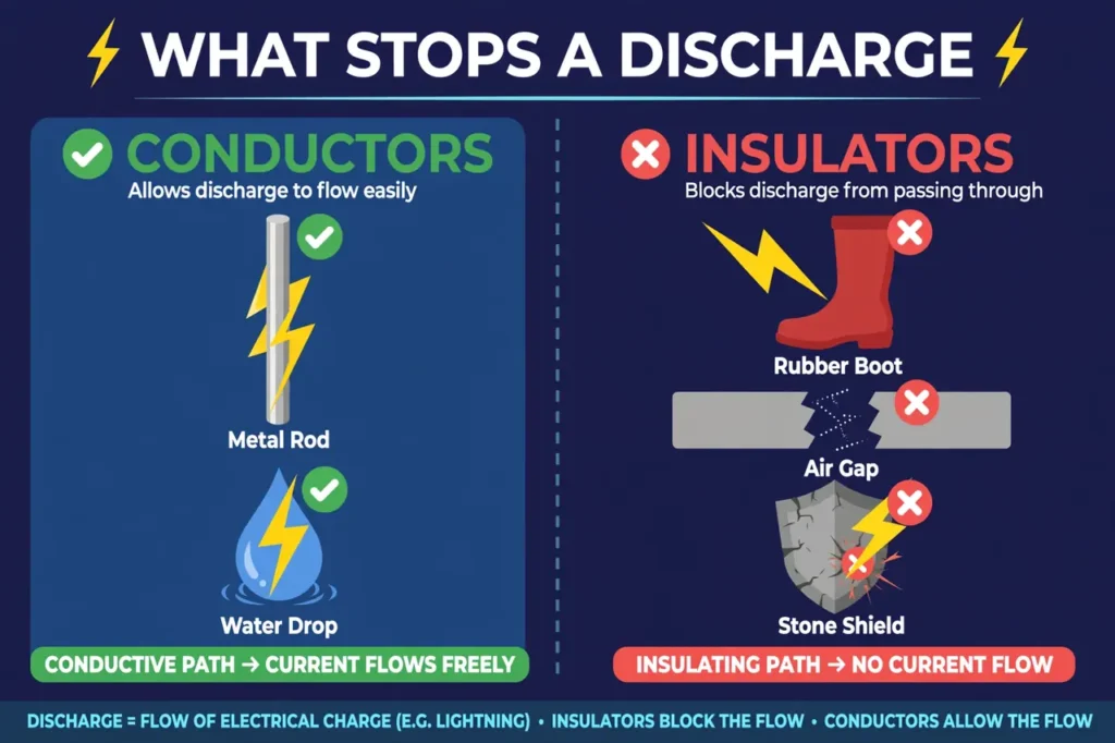 Infographic showing conductors (metal, water) letting discharge flow and insulators (rubber, air gap, stone) blocking it