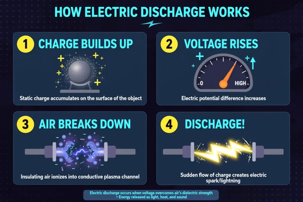 Four-step infographic showing charge buildup, voltage rise, air breakdown, and the discharge spark