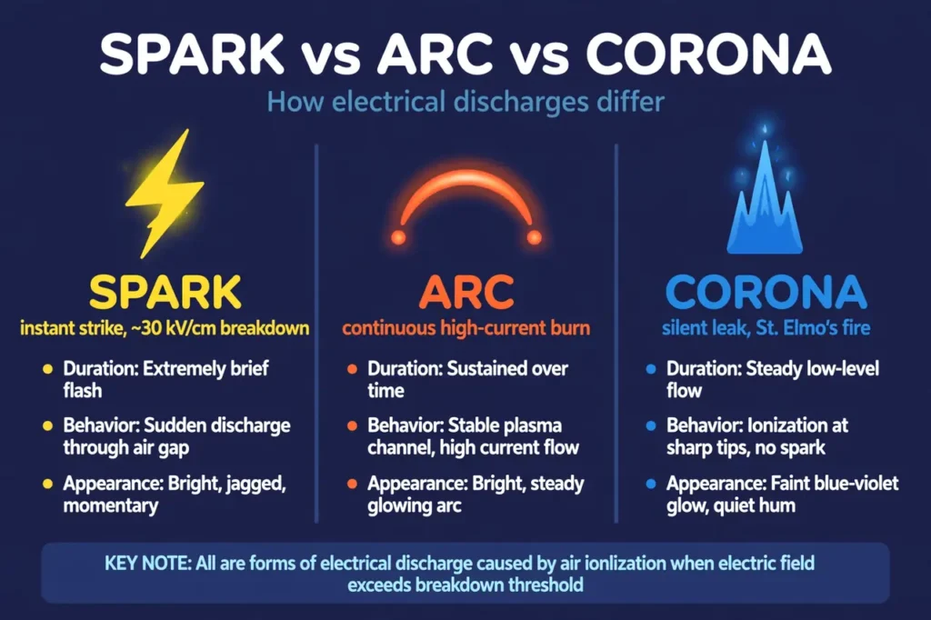 Infographic comparing spark, arc, and corona electrical discharges by duration, behavior, and appearance