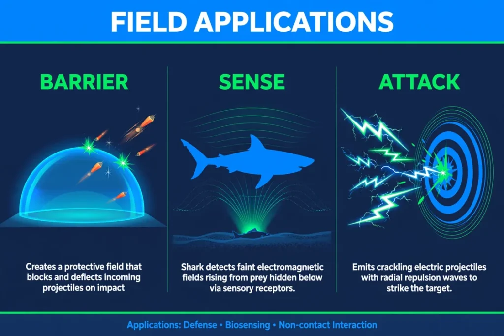 Infographic: Field Applications — Barrier (protective dome blocks projectiles), Sense (shark detects bioelectric fields), Attack (electric projectiles and repulsion waves)