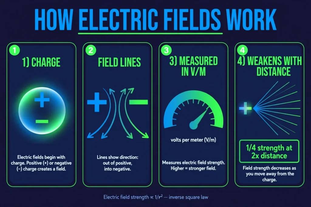Infographic: How Electric Fields Work — charge creates fields, field lines run from positive to negative, strength measured in V/m, inverse-square falloff with distance