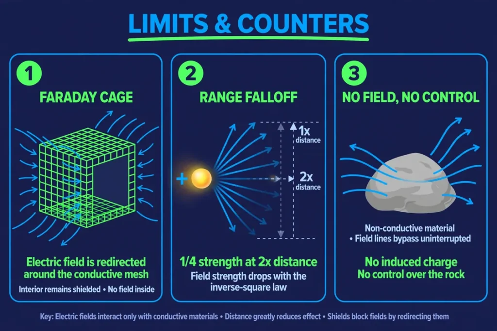 Infographic: Limits and Counters — Faraday cage redirects fields, range falloff quarters strength at double distance, objects without electric fields cannot be controlled
