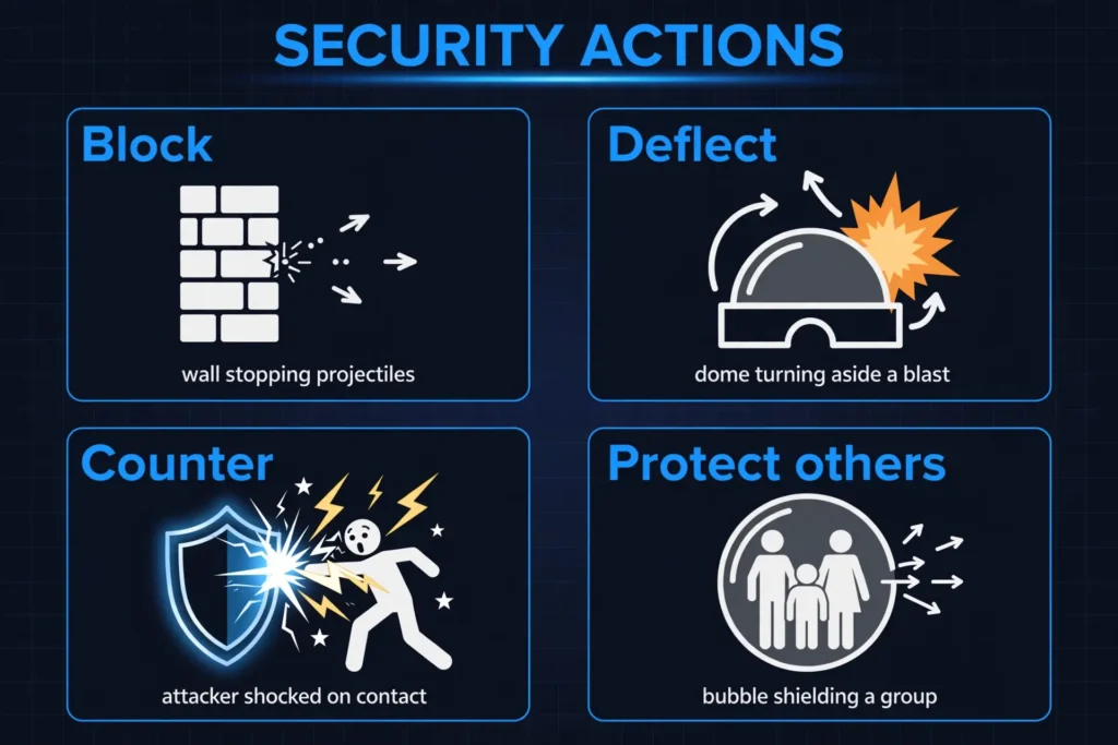Infographic: electric shield applications, block, deflect, counterattack, and protect others