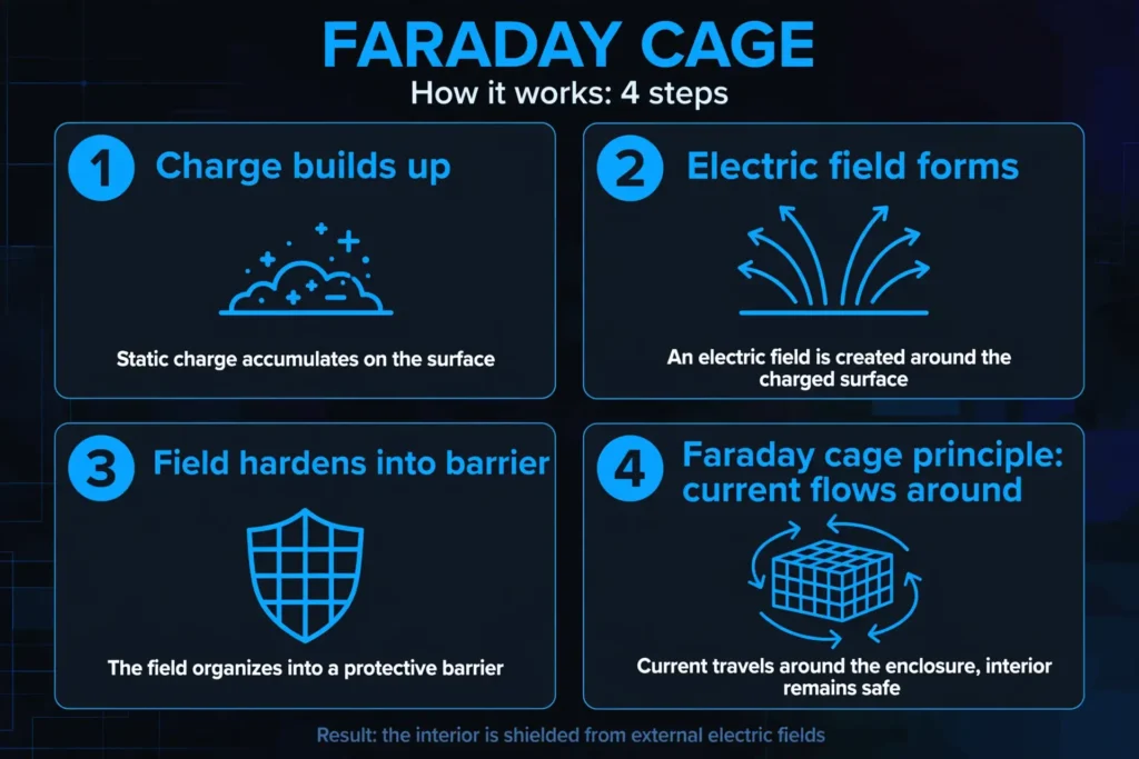 Infographic: how an electric shield works in four steps, charge buildup to Faraday cage principle