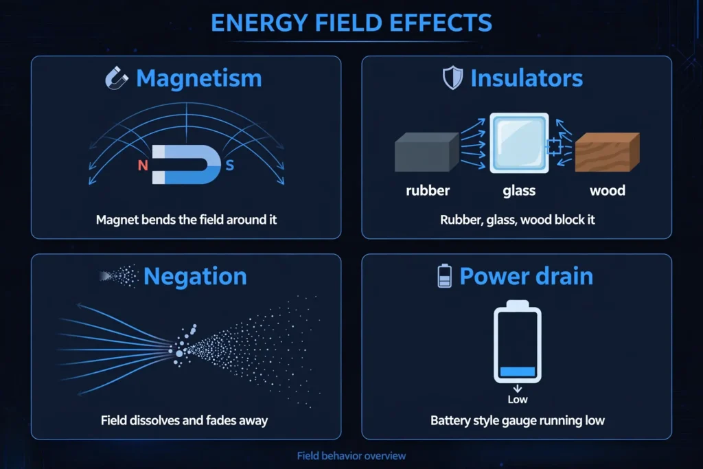Infographic: electric shield limits, magnetism, insulators, negation, and power drain