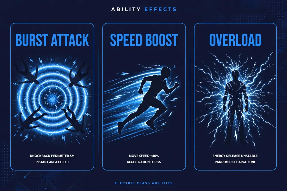 Infographic: electric surge applications, burst attack, speed boost, and overload