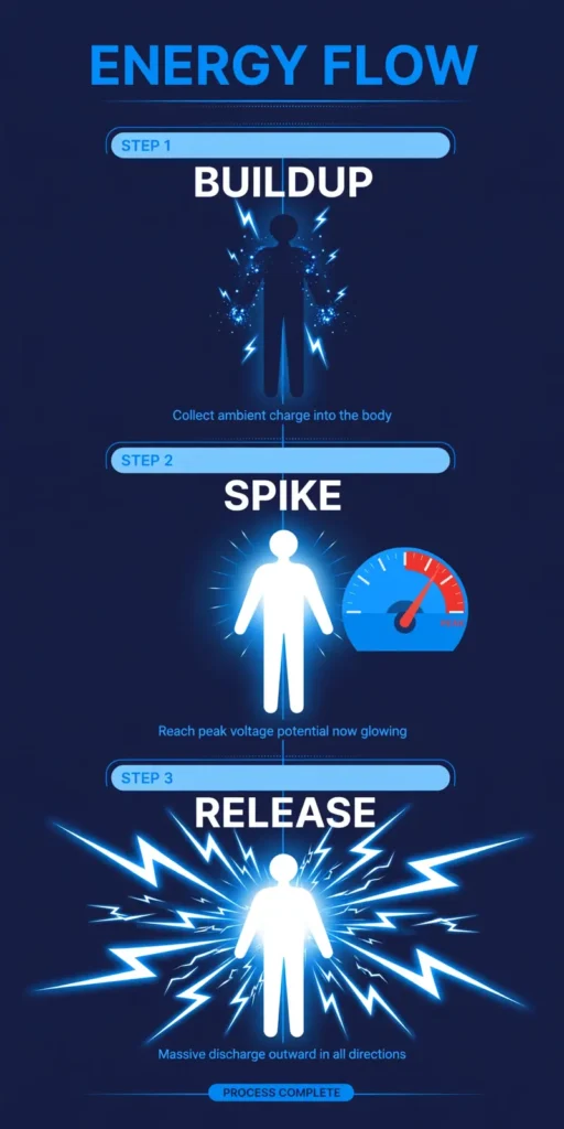 Infographic: how an electric surge works in three steps, charge buildup, voltage spike, and all-at-once release