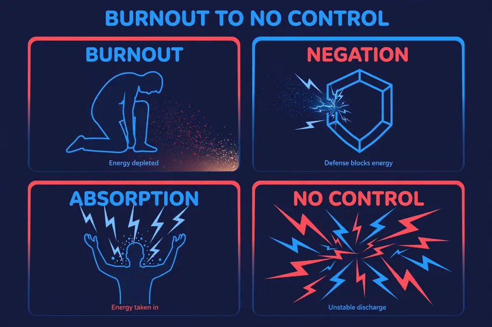 Infographic: electric surge limits, burnout, negation, absorption, and loss of control