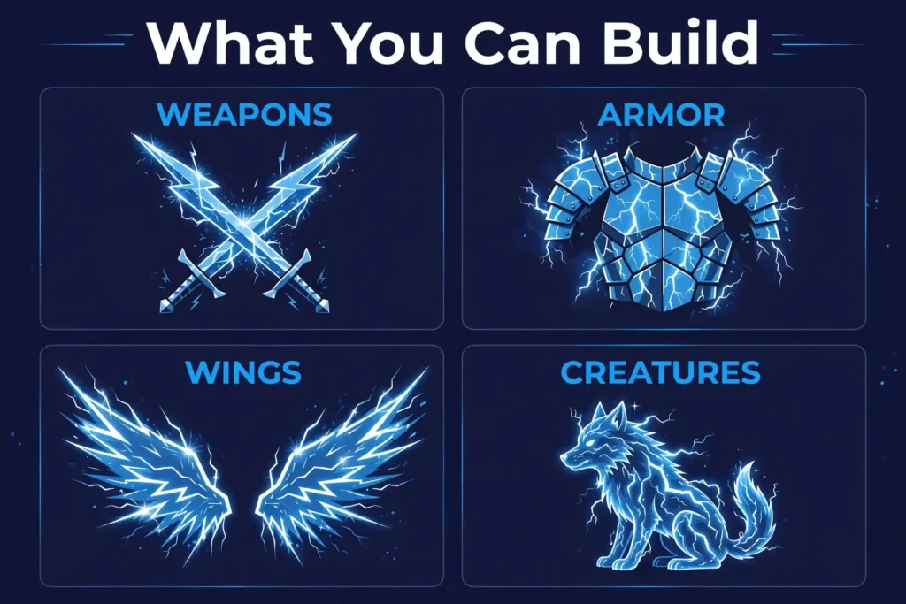 Four-panel infographic: Weapons (crossed lightning swords), Armor (electric plate torso), Wings (lightning bolt wings), Creatures (wolf of blue electricity)