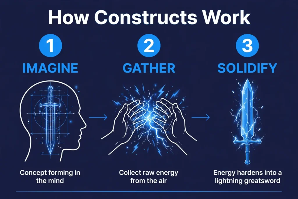 Three-step infographic: Imagine (sword blueprint in mind), Gather (hands collecting electric charge), Solidify (charge hardening into a lightning greatsword)