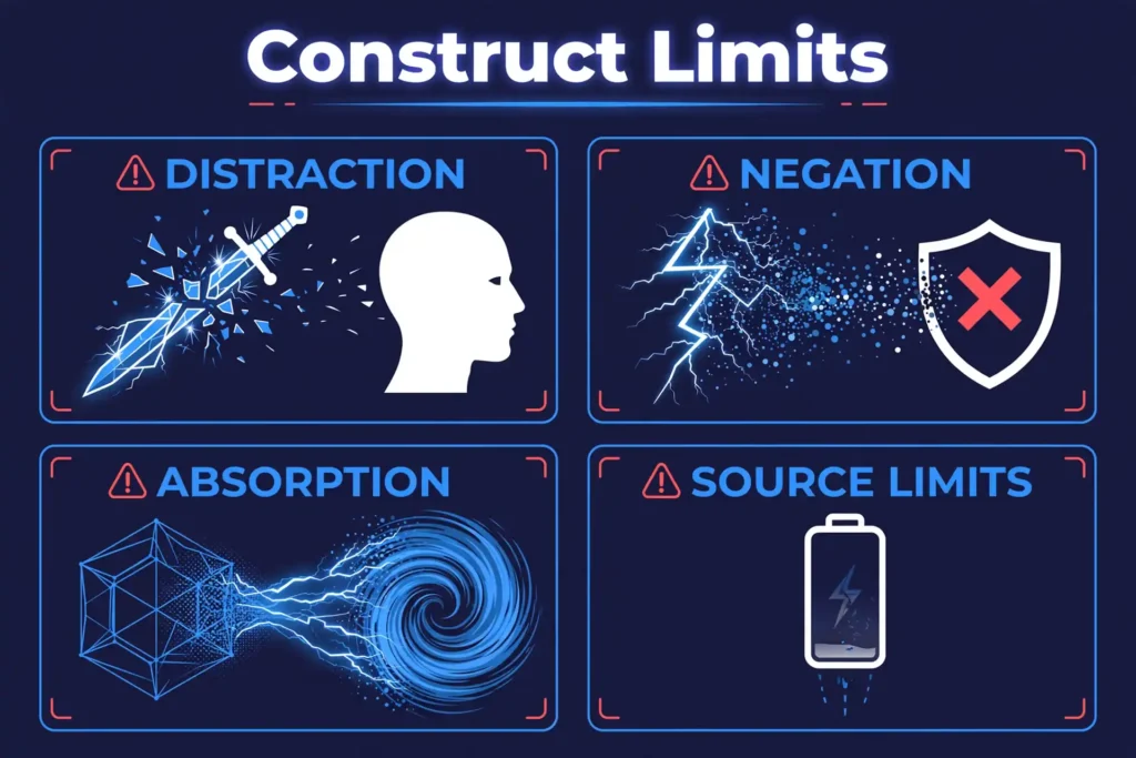 Four-panel infographic: Distraction (shattering sword), Negation (construct dissolving at shield), Absorption (vortex draining charge), Source Limits (empty battery)