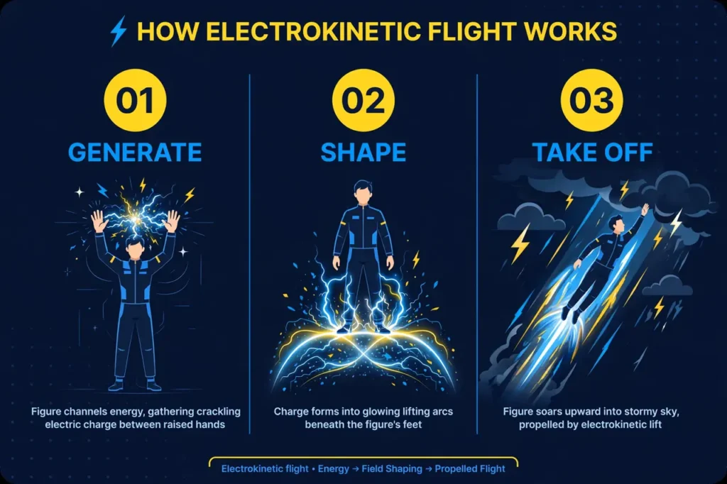 Three-step infographic: generate electric charge, shape it into lifting arcs under the feet, and take off into the sky