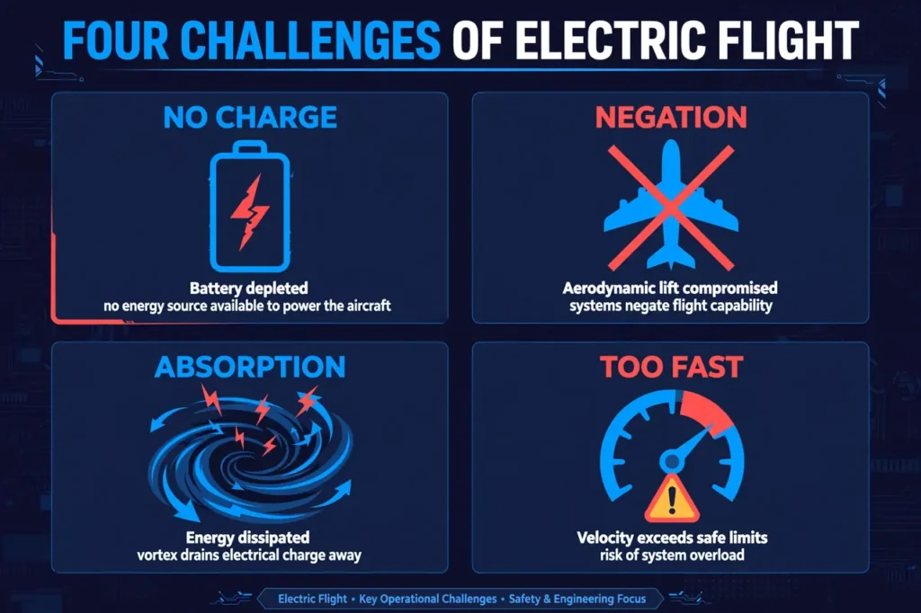 Four panels showing electric flight limits: no charge source, flight negation, electrical absorption, and loss of control at high speed
