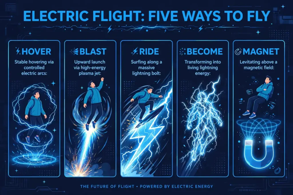 Five illustrated scenes of electric flight: hovering on arcs, blasting off on an energy jet, riding a lightning bolt, becoming living lightning, and magnetic lift