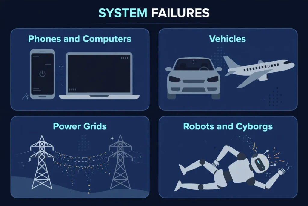 Four-panel infographic: phones and computers, vehicles, power grids, and robots and cyborgs failing from an EMP