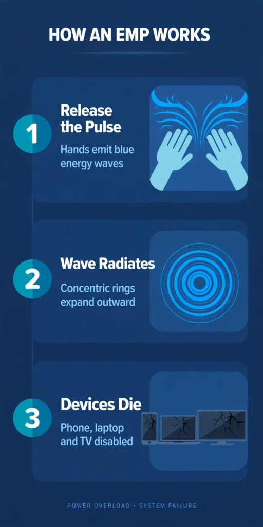 Three-step infographic: release the pulse from the hands, wave radiates outward, devices die