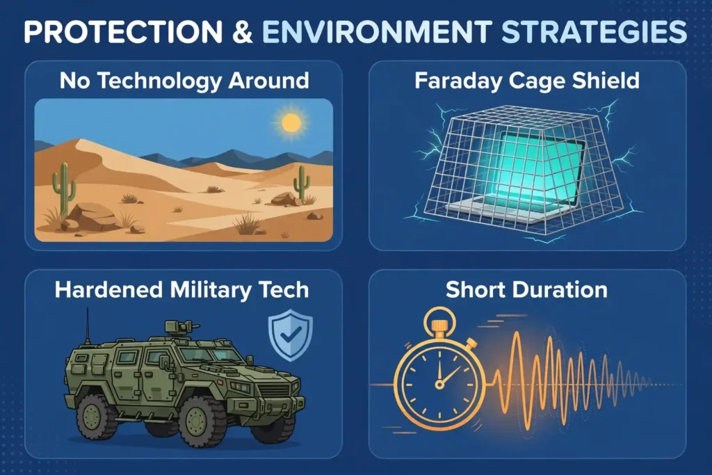 Four-panel infographic: no technology around, Faraday cage shield, hardened military tech, and short duration as EMP limits