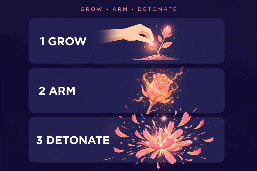 Infographic: the three moves of floral explosion, grow, arm, detonate