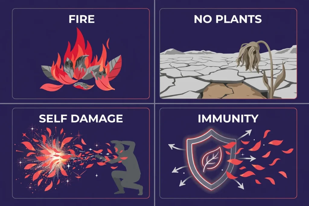 Infographic: limits of floral explosion, fire, no plants, self damage, immunity