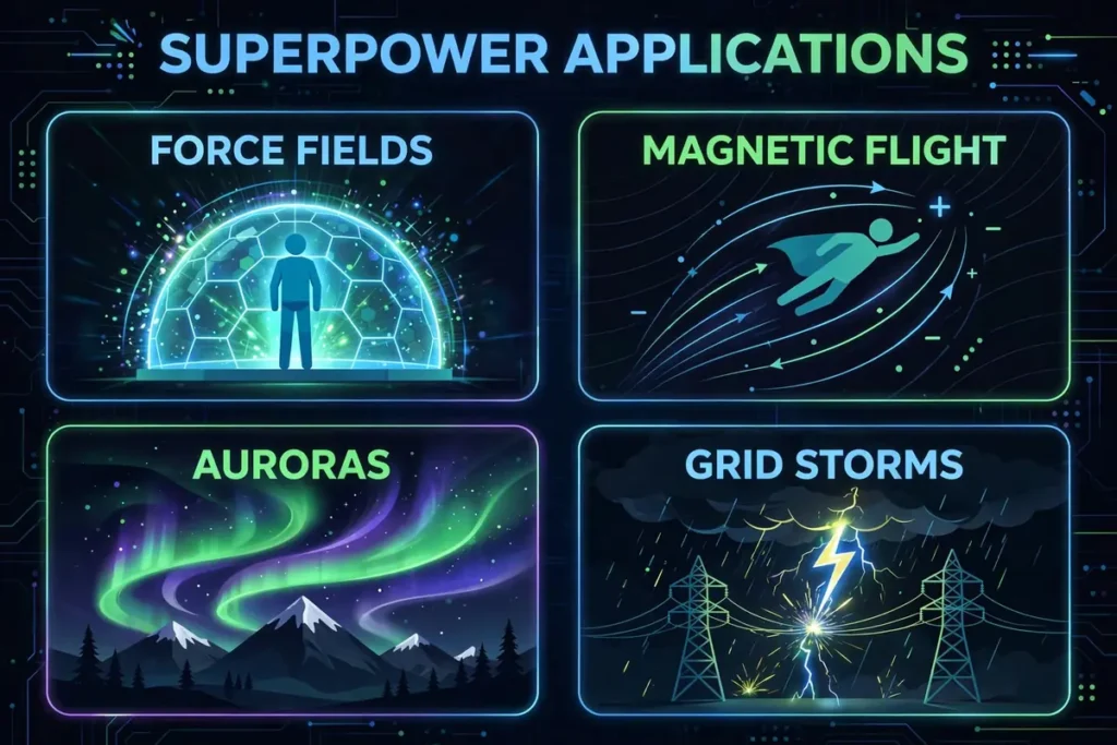 Infographic: geomagnetic manipulation applications, force fields, magnetic flight, auroras, grid storms