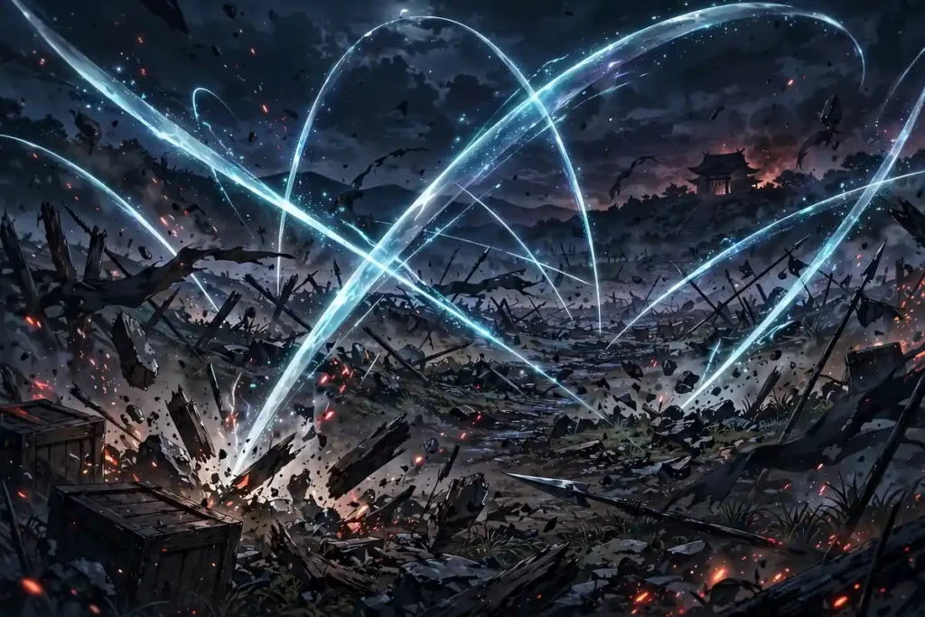 Glowing slash arcs cutting through a night battlefield near a distant shrine