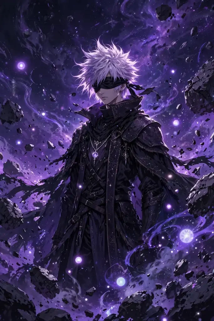 Blindfolded sorcerer standing inside a glowing purple void of infinite space