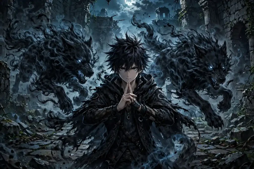 Shadow summoner performing a hand sign with twin shadow wolves