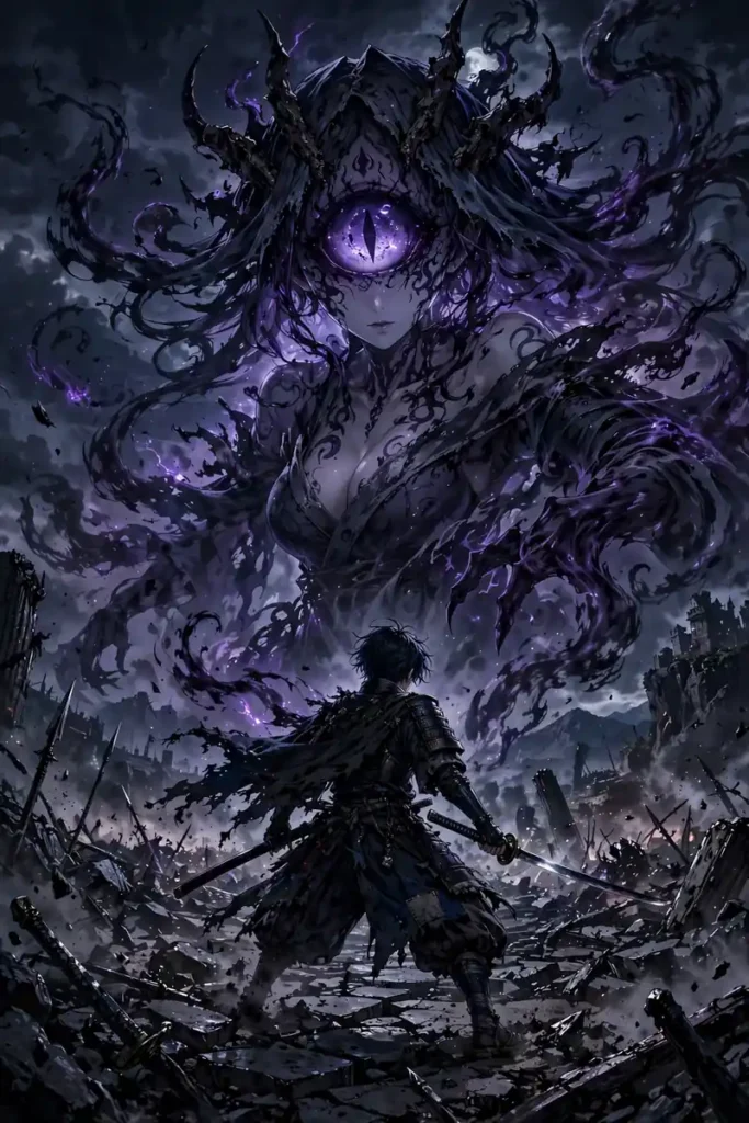 Young swordsman with katana beside a towering monstrous cursed spirit