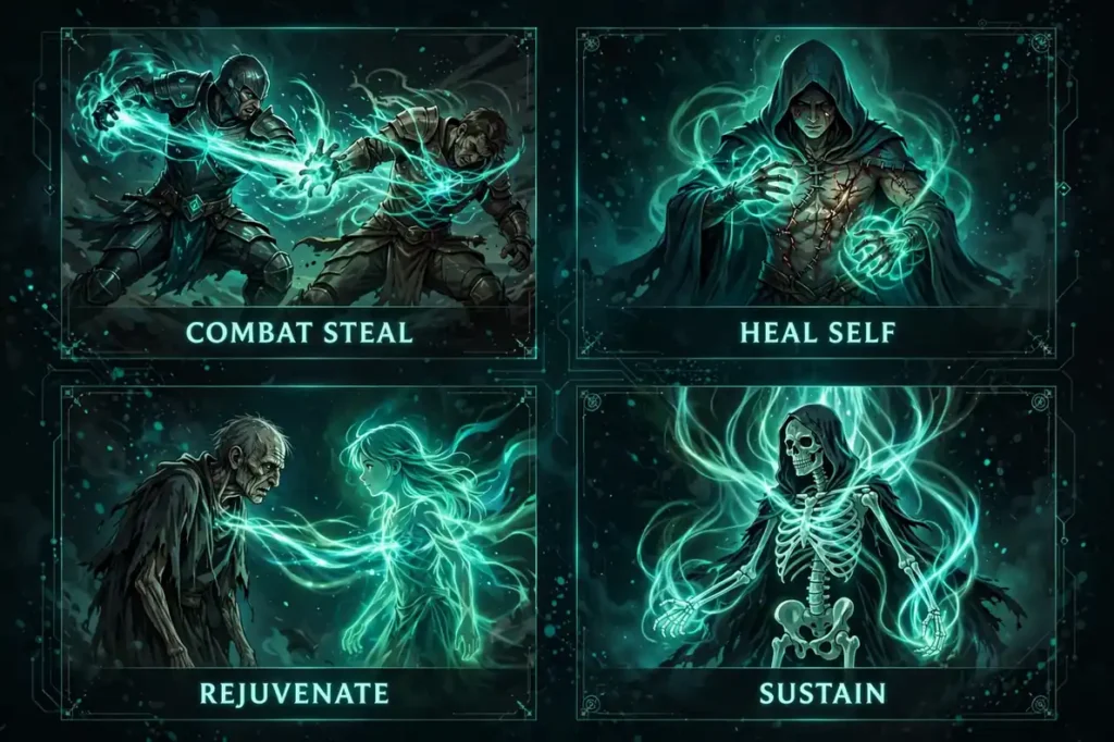 Infographic: combat steal, heal self, rejuvenate, and sustain