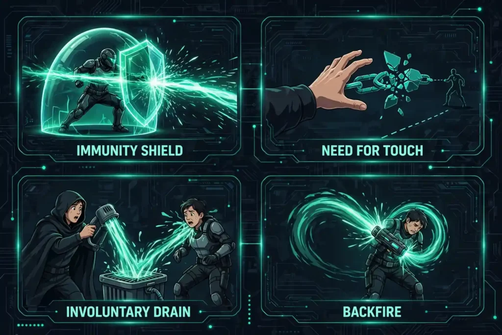 Infographic: limits of life drain, immunity shield, need for touch, involuntary drain, backfire