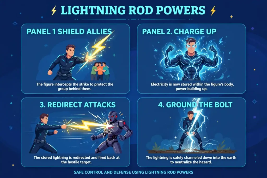 Four-panel infographic: shield allies by intercepting the strike, charge up by storing electricity, redirect attacks back, ground the bolt safely