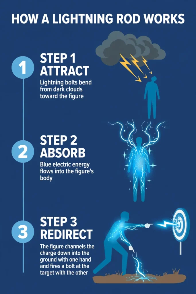 Three-step infographic: attract lightning bolts from clouds, absorb charge into the body, redirect it to ground or a target