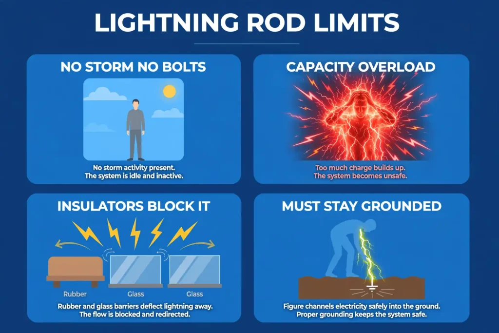Four-panel infographic: no storm means no bolts, capacity overload, insulators block the charge, must stay grounded